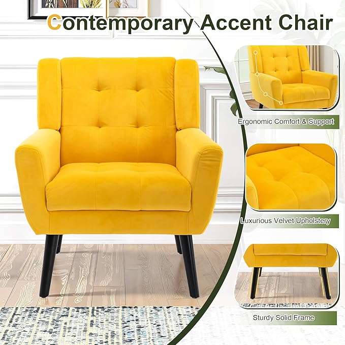 NicBex Modern Accent Chair for Living Room Upholstered Foam Filled Living Room Chairs with Metal Legs Velvet Cozy Lounge Armchair for Living Room Bedroom,Yellow