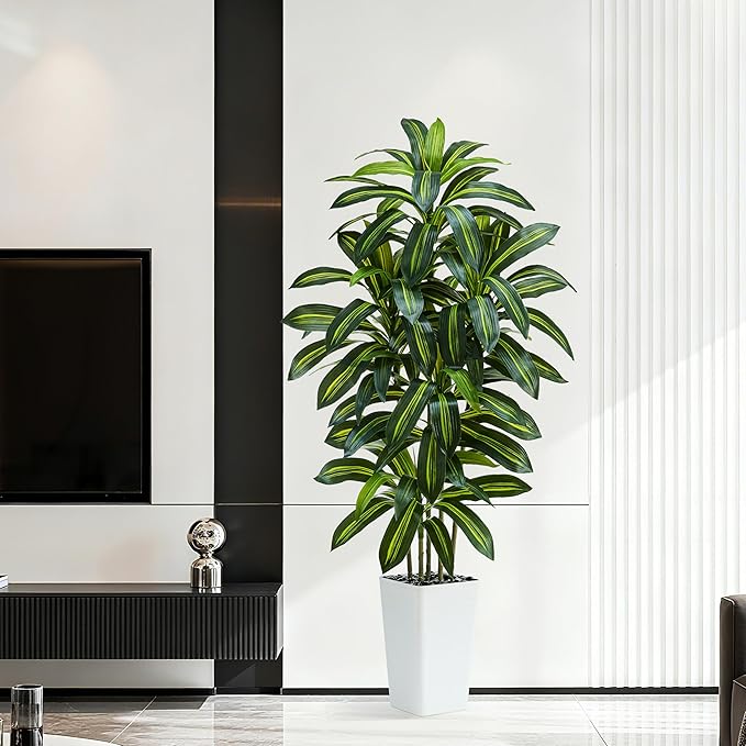 Artificial Dracaena Tree：6FT Faux Silk Tropical Yucca Floor Trees Realistic Fake Green Plant with Natural Wood Trunk & Lifelike Leaves for Home Office Decor Indoor & Outdoor (6FT,1-Pack,White)