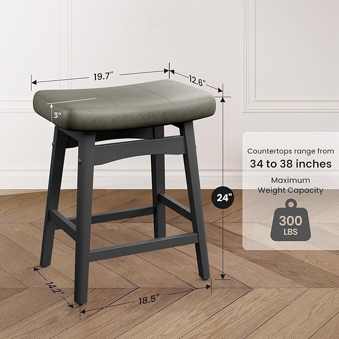 PHI VILLA Counter Height Bar Stools Set of 4 - Farmhouse Barstools with Upholstered Saddle Seat and Solid Wood Legs, Kitchen Counter Island Stools