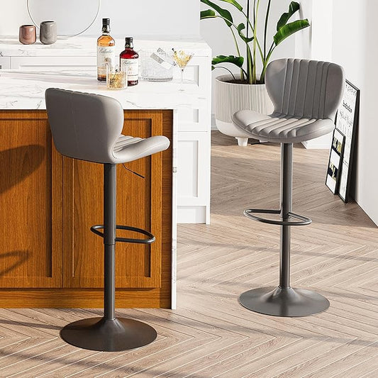 SUNLEI Swivel Swivel Bar Stools Set, Barstools Counter Height with Shell Shaped Backrest, Adjustable Moder Stools Pu Leather Bar Stool for Kitchen Counter, Island, Bars, Dining Room(Gray, Set of 2)
