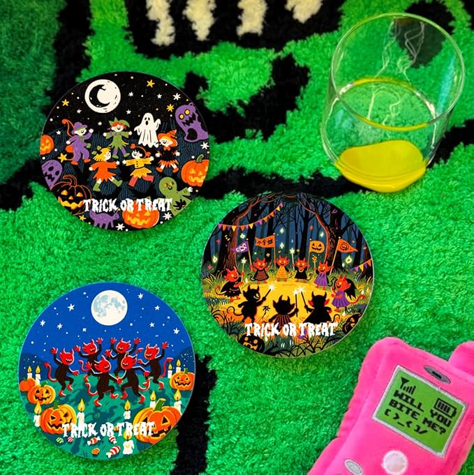 Halloween Coasters Set of 6 with Holder - Spooky Cute Matte Ceramic Drink Coasters, Wall Art & Table Decor for Home, Office, Party | Halloween Decorations Gift
