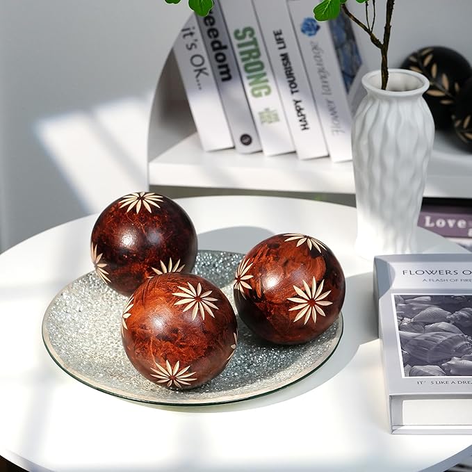 Decorative Balls for Centerpiece, Set of 3, Sunflower Pattern, 4 inch Resin Round Sphere Balls, Table Decor