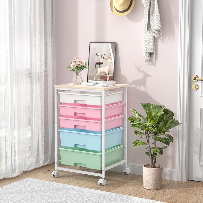 Utility Cart with 5 Drawers,Storage Drawer Cart with Wooden Tabletop and Lockable Wheels,Craft Storage Trolley Cart,5-Tier Rolling Utility Cart on Wheels,Rainbow