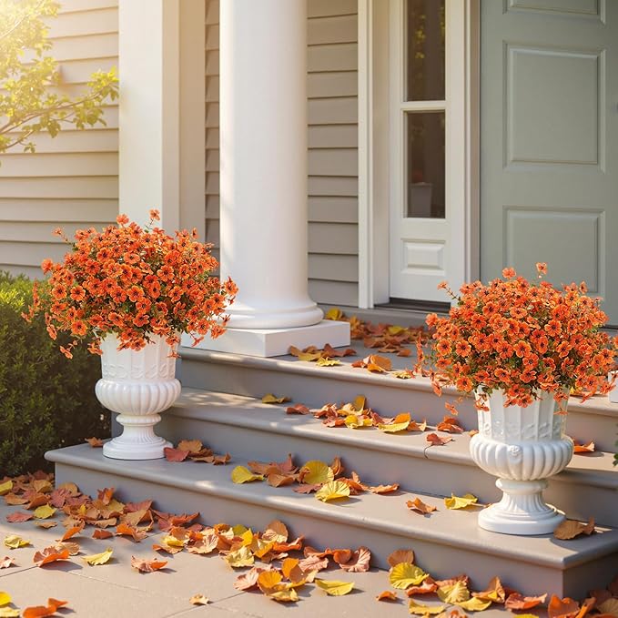 Artificial Mums Fall Fake Flowers for Outdoors, 12 Bundles Faux Mums for Outdoor Planters Autumn Decorations,UV Resistant Silk Flowers Plastic Plants for Front Porch Garden Patio Home Decor (F-Orange)