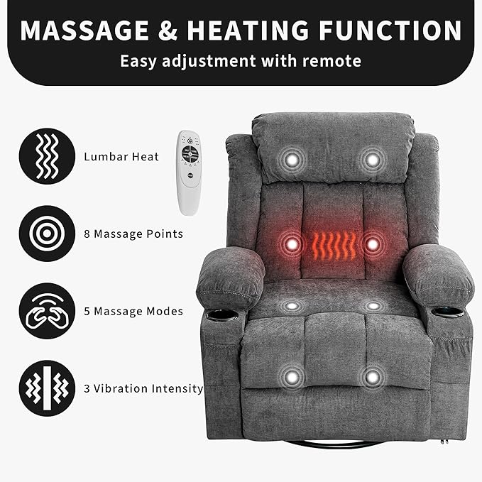 GarveeHome 360° Swivel Rocker Recliner Chair with Heat Massage, Widen Overstuffed Single Sofa Lounge Chair with 3 Positions 2 Side Pockets Cup Holders USB Ports Remote Control Gray
