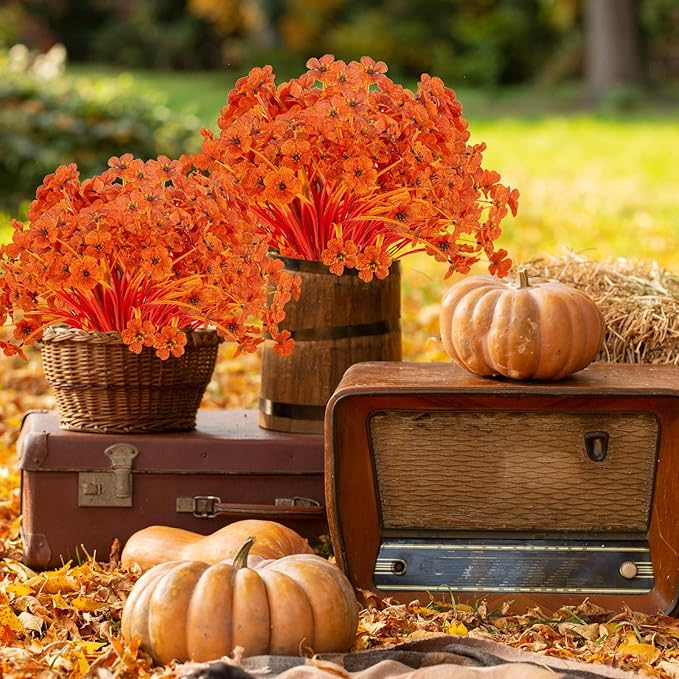 20 Bundles Artificial Fall Flowers No Fade Faux Autumn Plants Fake Flowers No Fade Faux Plastic Plants Thanksgiving Harvest Decoration (Fall Red)