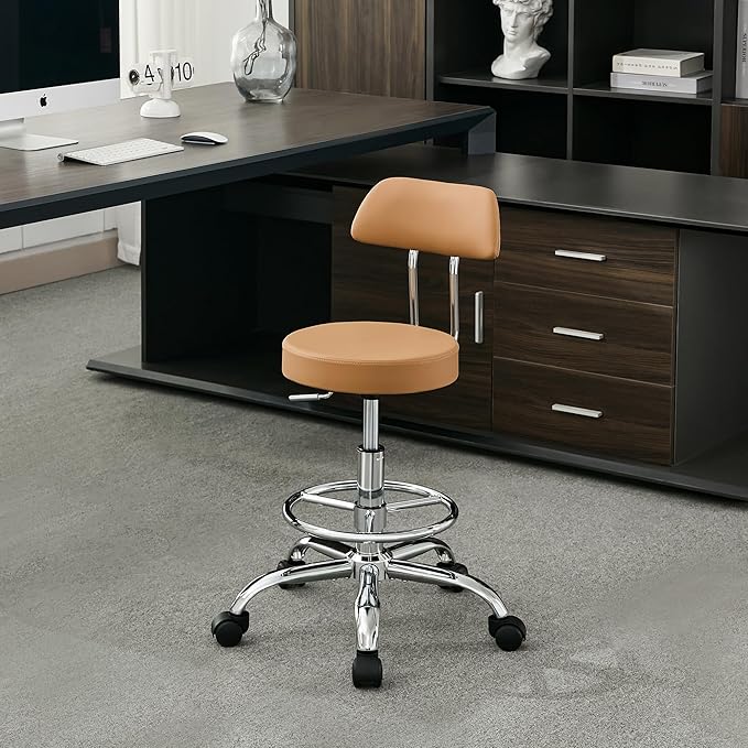Ergonomic Desk Stool(Sturdy Rolling Stool with Back)(Swivel Armless Office Chair 19.5"-26.6") Adjustable Footrest Salon Chair (Camel Brown)