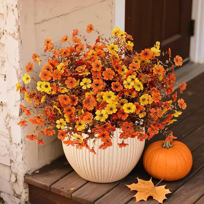 Artificial Mums Fall Fake Flowers for Outdoors, 12 Bundles Faux Mums for Outdoor Planters Decorations,UV Resistant Silk Flowers Plastic Plants for Front Porch Garden Patio Home Decor (B-Orange Yellow)