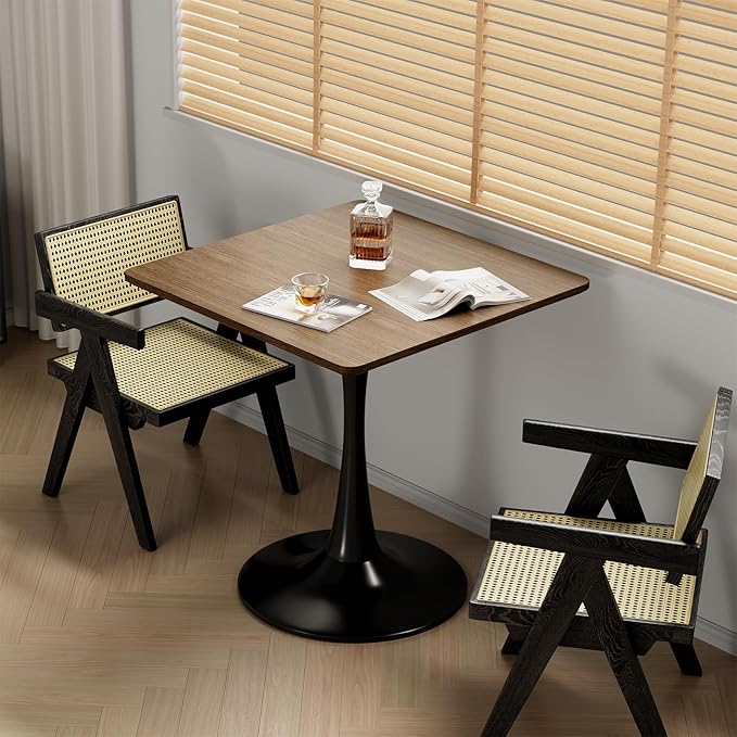 Walnut Square Tulip Table for 2, 24 Inch Small Dining Table with Metal Pedestal Base for Kitchen, Mid-Century Modern Table with Round Corners for Living Room, Cafe and Home Office