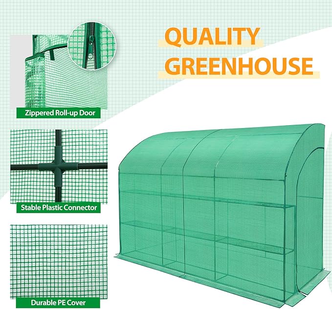 EAGLE PEAK 3 Tier Lean to Portable Greenhouse, Heavy-Duty Indoor & Outdoor Garden with Wire Shelves, 2 Roll-Up Zipper Doors, Easy Assembly, 120"x60"x84" Clear/Green PE Cover