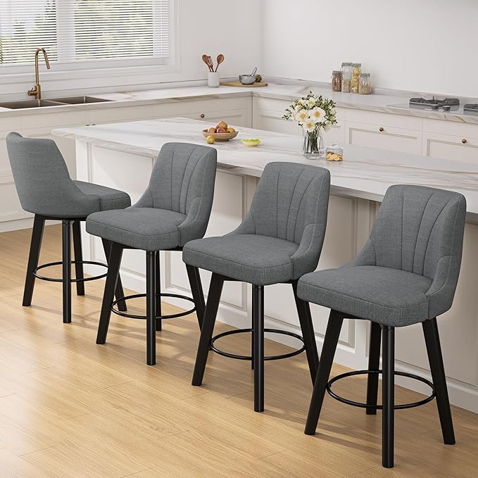 Counter Height Swivel Bar Stool, 24" Upholstered Fabric Barstools Set of 2, Counter Stool Chair with Back & Solid Wood Legs for Kitchen Island Dining Room (Dark Gray)