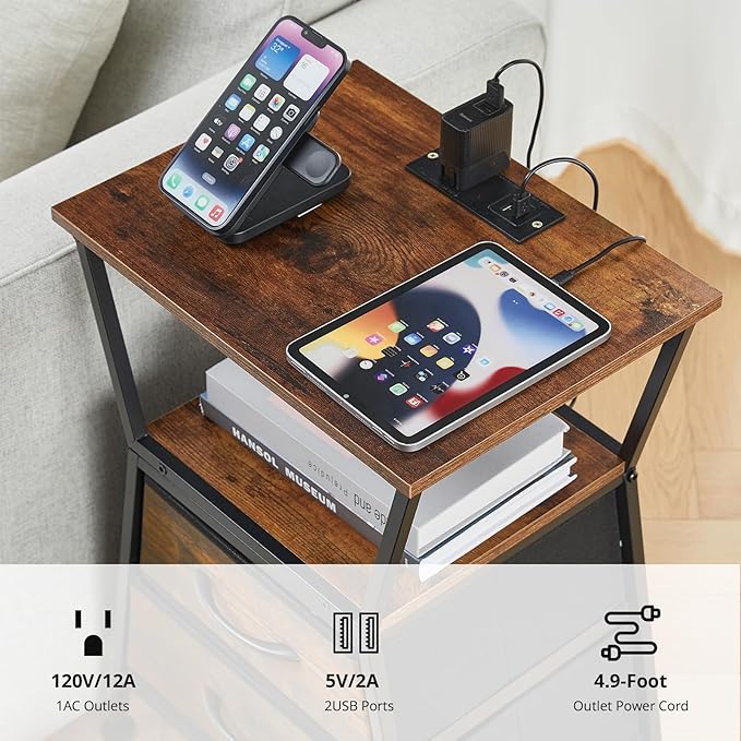 Nightstand with Charging Station, Side Tables for Bedroom with Built-in USB Side Table with 2 USB Ports and Outlets Nightstand with Cloth Drawer End Tables Living Room Sofa Couch