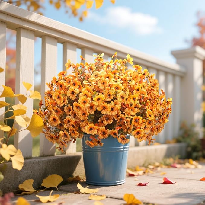 16 Bundles Artificial Fall Flowers UV Resistant Faux Greenery, All Weather Outdoor Autumn Decor for Thanksgiving Christmas Wedding Home Garden Fireplace Party Décor (Fall Orange Yellow)