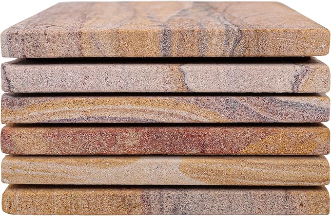 Sandstone Water Absorbent Hand Crafted Round Coasters for Drinks - 4 Inches Wide Thirsty Stone Bar, Drink Coasters- Made from Rainbow Sandstone (Design 5)