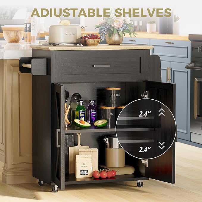 IRONCK Kitchen Island Cart with Storage, Rolling Kitchen Table with Power Outlet, Storage Cabinets on Wheels with Drop Leaf, Portable for Dining Room, Black