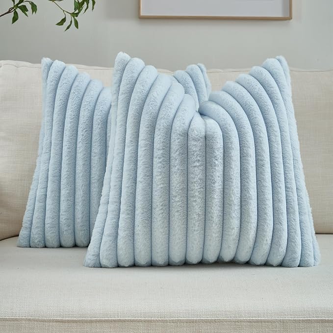 FUTEI Light Blue Striped Decorative Throw Pillow Covers 18x18 Inch Set of 2,Square Fall Decorations Couch Pillow Case,Soft Cozy Faux Rabbit Fur & Velvet Back,Modern Home Decor for Bed