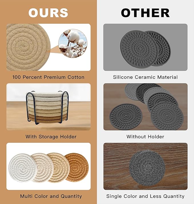 8 Pcs Drink Coasters with Holder, Coasters for Coffee Table, Absorbent Coaster Set for Living Room Decor Tabletop Protection, Coaster Set 4 - Color Cup (Brown Mix)