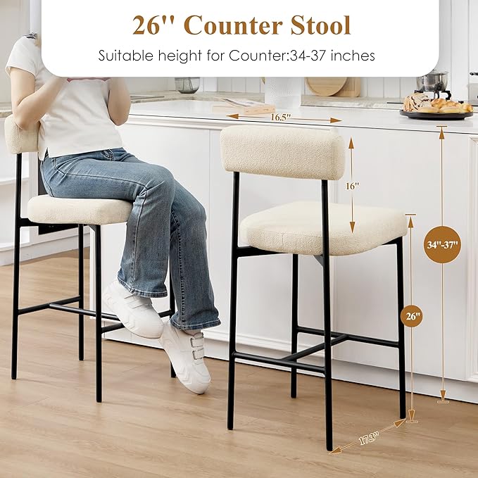 Counter Height Bar Stools Set of 2, Modern Upholstered Bar Stools with Back, Linen Counter Height Chairs with Metal Legs and Padded Cushion for Kitchen Island, Home Pub and Bars, Beige