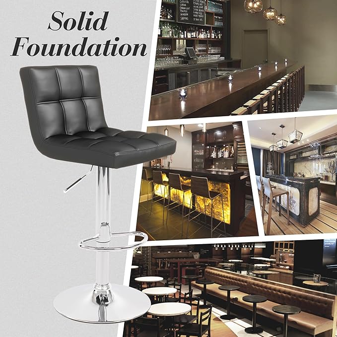 Modern PU Leather Bar Stools Set of 4, Adjustable Swivel Square Bar Chairs, Armless Counter Height Barstools with Back and Large Base for Island/Kitchen(Black)