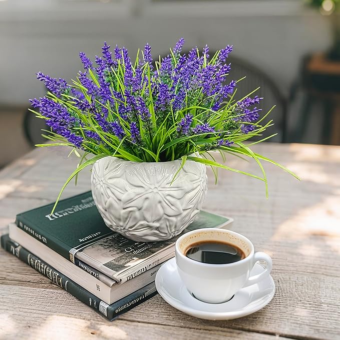 24 Bundles Artificial Lavender Flowers for Outdoors, UV Resistant Faux Plants, Monkey Grass, Fake Plastic Flowers for Porch, Garden, Window Box, Office & Home Decor