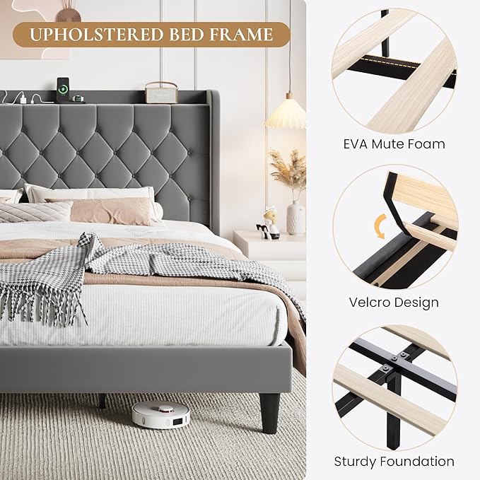 SHA CERLIN King Size Platform Bed Frame with Charging Station, Velvet Wingback Headboard with Storage Shelf, Wooden Slats Support, Ample Under-Bed Space, No Box Spring Needed, Easy Assembly, Grey
