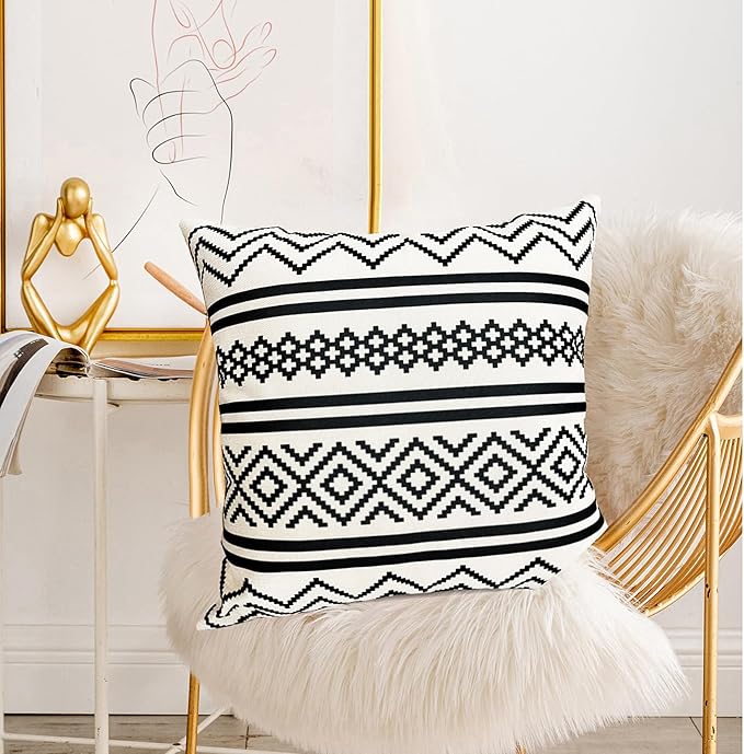 Decorative Throw Pillow Covers Set of 2 Black Boho Pillow Covers 20x20 Inch Throw Pillow Cover Linen Pillowcase Modern Boho Farmhouse Outdoor Pillow Covers for Couch Sofa Bed Living Room