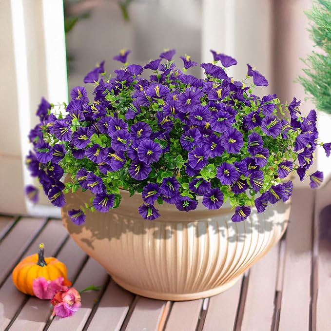 LikSoor 16 Bundles Artificial Flowers Outdoor Spring Summer Decoration Fake Silk Colorful Daisy Eucalyptus Realistic UV Outside Faux Plants for Garden Porch Window Box Home Decor Morning Glory Purple