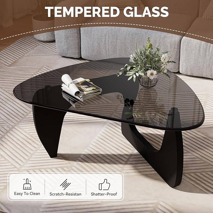 Modern Glass Coffee Table, Triangle Center Table with Tempered Glass Top& Unique Wooden Base, 31.5” Mid Century Tea Tables for Living Room, Apartment, Office,Black & Grey