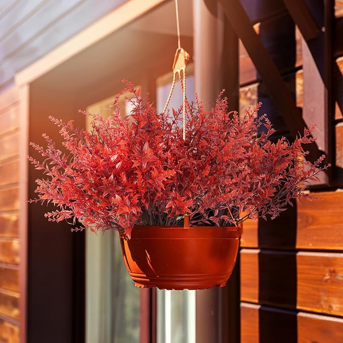 RECUTMS Fake Outside Flowers Artificial Fall Lavender Plants Faux Greenery UV Resistant Artificial Flowers Bulk Fake Outdoor Plant Faux Autumn Plants for Garden Party Cabinet Autumn Decor (Wine Red)