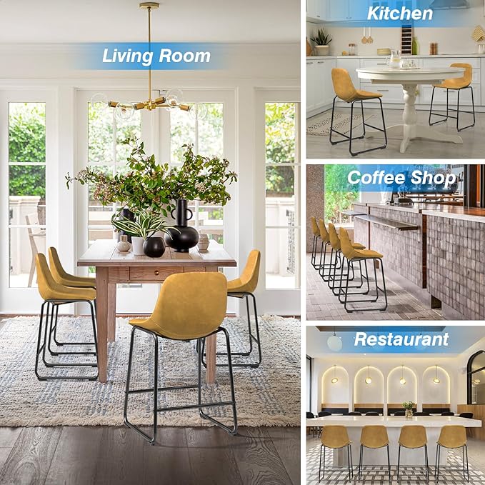 Rfiver Pu Faux Leather Bar Stools Set of 2, Industrial Pub Barstools with Back and Footrest, Modern Armless Bar Height Stool Chairs (Yellow, 24" Counter Chair x2)