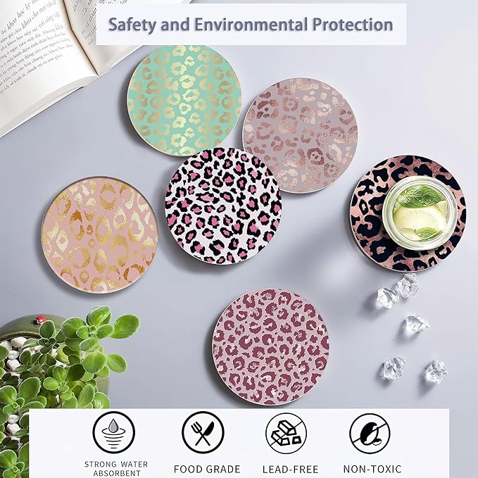 Drink Coasters Set of 6 with Holder, Leopard Print Pink Absorbent Ceramic Coasters with Cork Base,Fit All Cups,Great Gift for Housewarming,Room Decor,Bar,Holiday Party