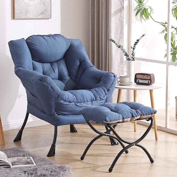 Welnow Lazy Chair with Ottoman, Modern Lounge Accent Chair with Armrests and a Side Pocket, Leisure Sofa Armchair, Reading Armchair with Footrest for Small Space, Royal Blue