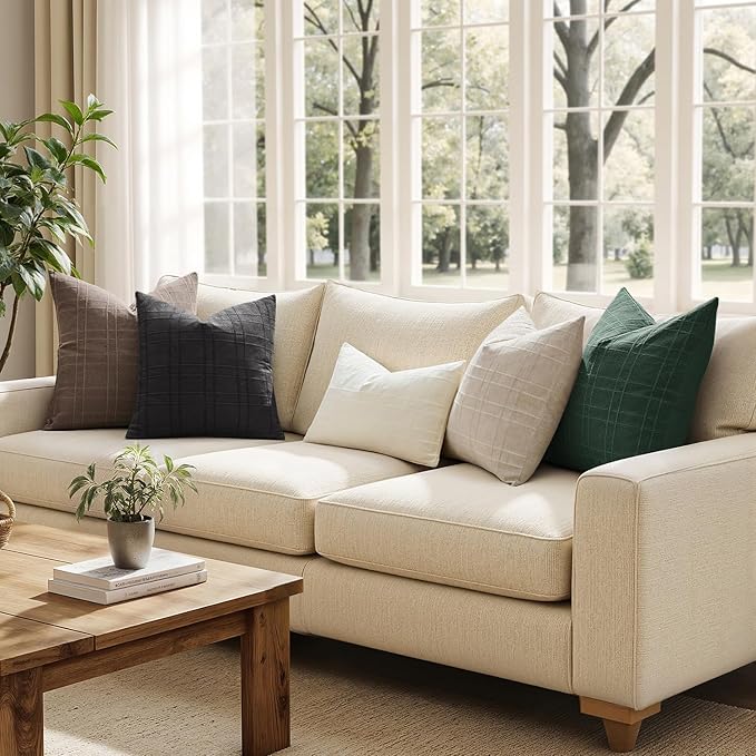 MIULEE Christmas Decorative Linen Check Euro Shams Throw Pillow Covers Neutral Farmhouse Vintage Pillow Covers 24x24 Set of 2 Boho Modern Home Decor for Sofa Couch Bedroom Cushion Dark Green