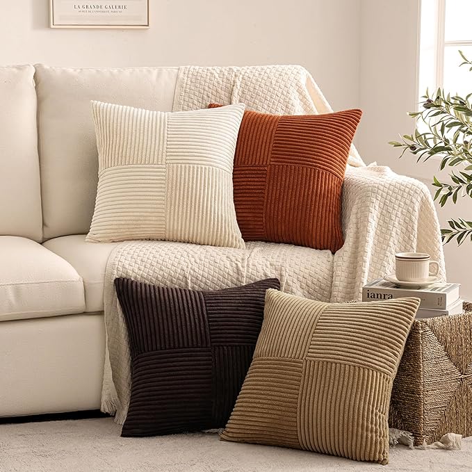 MIULEE Brown Beige Throw Pillow Covers 16x16 Inch Set of 4 Boho Farmhouse Cushion Cases for Livingroom Couch Bed Soft Corduroy Pillow Cases with Invisible Zipper Home Decor
