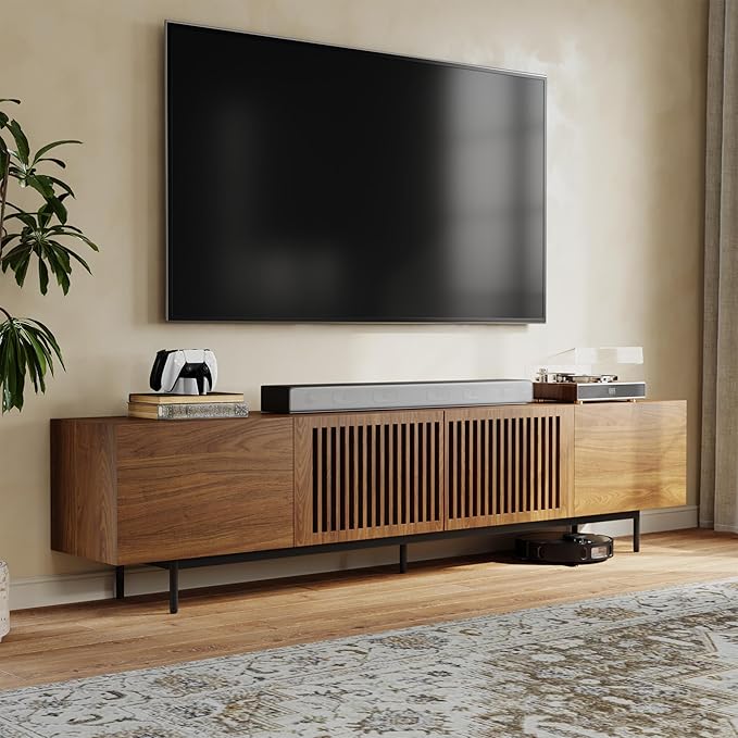 POVISON Full Assembled Mid-Century Modern TV Stand with Slatted Doors, Wood Media Console for 80 85+ Inch TV, TV Console with Tall-cast Metal Legs, Entertainment Center with Storage for Living Room