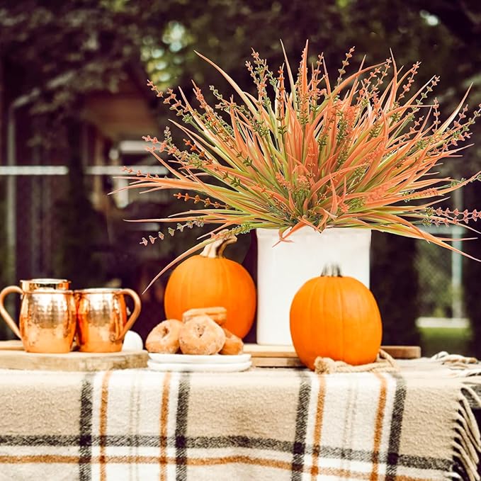 10 Pcs Fall Flowers, UV Resistant Artificial Fall Plants Outdoor Plastic Fake Fall Flowers Faux Monkey Grass Shrubs Bushes for Indoor Outside Planters Porch Window Box Home Decor