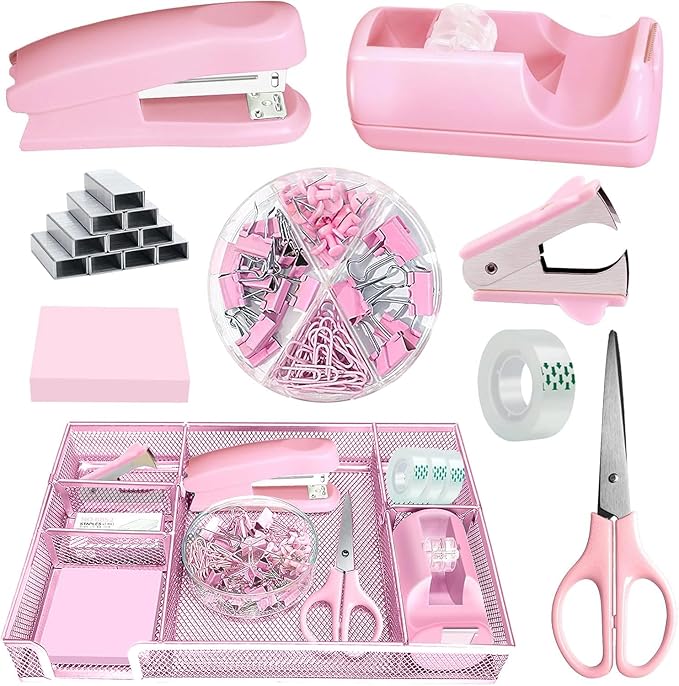 Pink Office Desk Accessories, Pink Office Supplies Set, Desk Drawer Organizer,Stapler and Tape Dispenser Set,Tape,Staple Remover, Staples, Paper Clips, Scissor and Sticky Note