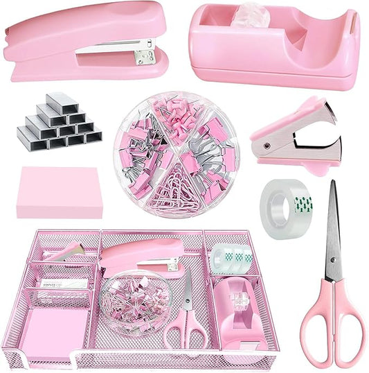 Pink Office Desk Accessories, Pink Office Supplies Set, Desk Drawer Organizer,Stapler and Tape Dispenser Set,Tape,Staple Remover, Staples, Paper Clips, Scissor and Sticky Note