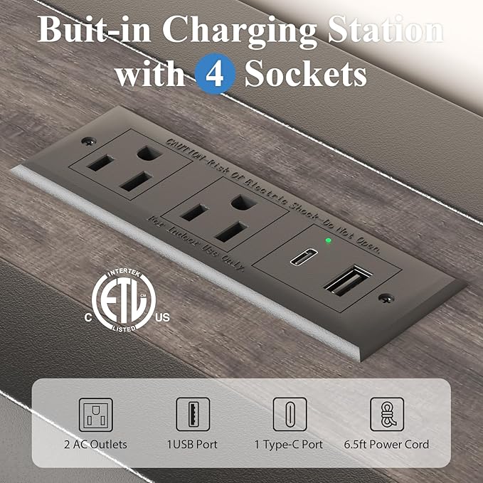 Full Size Bed Frame with Storage Headboard, Industrial Platform Bed with Charging Station and LED Lights, Heavy Duty Metal Slats, No Box Spring Need, Noise Free, Grey