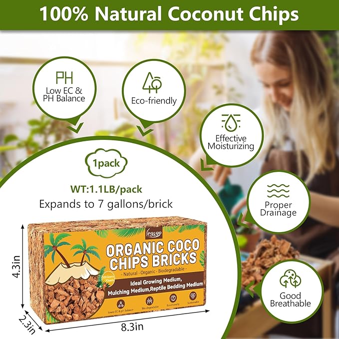 Legigo 1.1 LB Coco Husk Chips for Plants- 100% Organic Coconut Coir Chips Brick with Low EC & PH Balance, Compressed Coconut Substrate Coco Chips Mulch Medium for Garden, Flowers, Plants