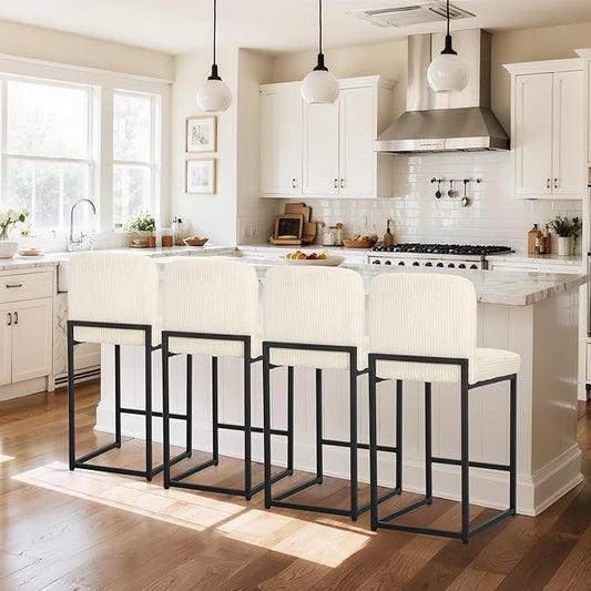 ALPHA HOME 24" Bar Stools Set of 4 Kitchen Counter Stools with Back, Counter Height Stools with Upholstered Footrest for Kitchen Island, Metal Steel Frame, Corduroy, Ivory
