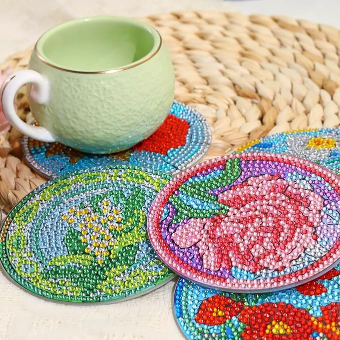 8 PCS Flowers Diamond Art Coasters Kits, Diamond Painting Coasters with Holder Set of 8, DIY Drink Coasters Art Crafts Supplies for Adults Cup Mat for Home Decor House Warming Gifts Non-Slip 3.9inch