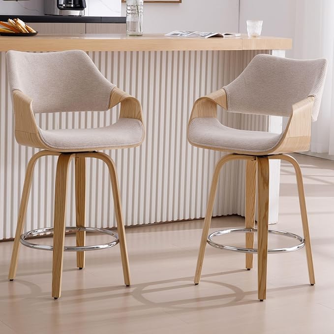 26’’ Modern Barrel Swivel Counter Stools Counter Height Swivel Bar Stools with Backs Set of 2, Beige Chenille Upholstered Bar Height Island Chairs, Farmhouse Solid Wood Barstools for Kitchen Island