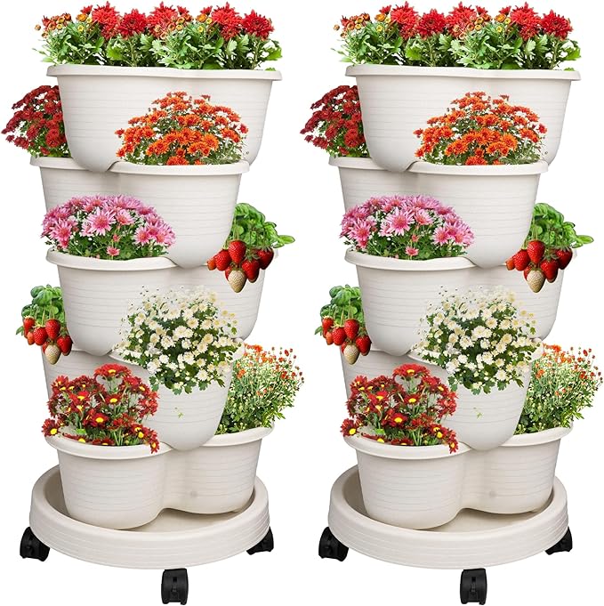 Hourleey Strawberry Planter, Stackable Gaden Tower for Flowers, Vegetables, Grow Your Own Herb Garden Vertical Oasis of Vegetables and Succulents (2 Pack 5 Tier)