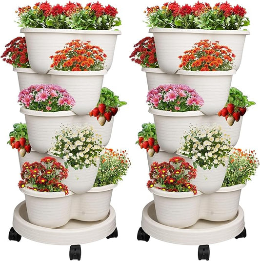 Hourleey Strawberry Planter, Stackable Gaden Tower for Flowers, Vegetables, Grow Your Own Herb Garden Vertical Oasis of Vegetables and Succulents (2 Pack 5 Tier)