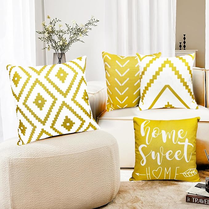 Decorative Throw Pillow Covers Set of 4 Yellow Pillow Covers 20x20 inch Throw Pillow Cases Linen Square Pillow Case,Farmhouse Outdoor Modern Geometric Pillow Covers for Couch Sofa Living Room