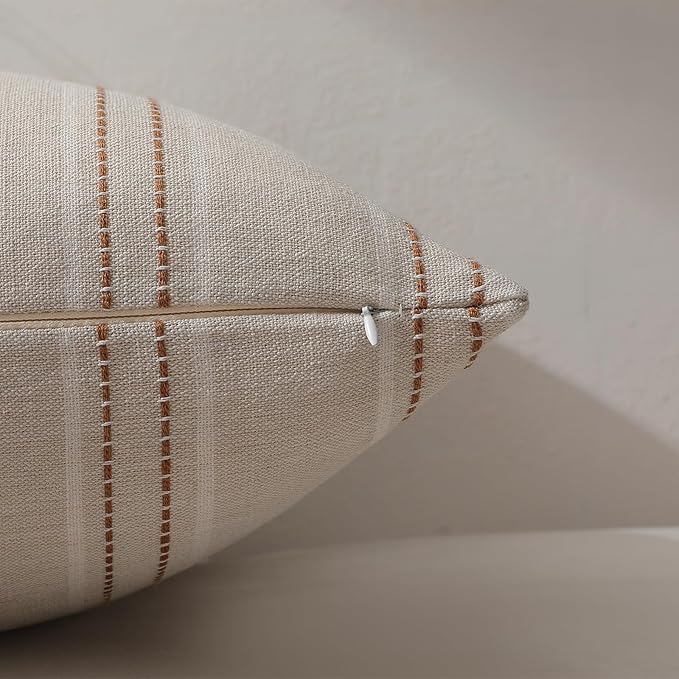 Hckot Fall Throw Pillow Covers 24x24 Set of 2 Striped Rust Pillow Covers Textured Linen Decorative Pillows Square Cushion Covers for Sofa Couch Bed Living Room Farmhouse Decor
