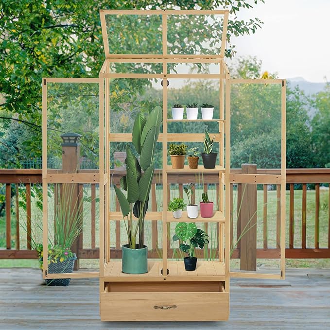 Macrout Cold Frame Greenhouse, Tall Wooden Greenhouse for Outdoor Indoor Use with Polycarbonate Panels, 3 Tier Garden Cold Frame with Drawer and Shelves, 0864 (Natural)