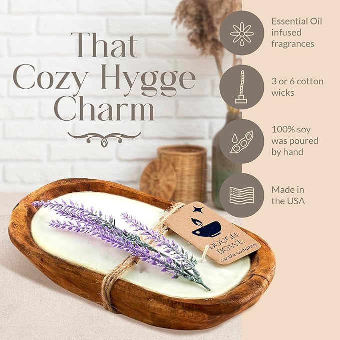 Dough Bowl Candle Co. Gardenia Tuberose Soy Candle - 3 Wick Rustic Farmhouse Coffee Table Decor, Odor Eliminator in Wooden Bowls, 20 Ounce Wooden Dough Bowl Candle, All-Natural Gifts for Women or Men