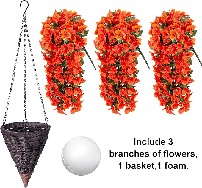 Bougainvillea Artificial Fall Flowers Fake Plants for Outdoors Autumn Decoration, 3PCS Faux Silk Hanging Trailing Vines with Baskets UV Resistant Realistic for Front Door Porch Patio Balcony, Orange